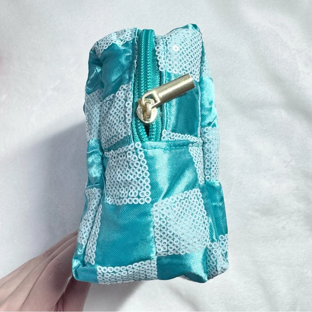 Blue Green Teal Aqua Checkered Sequin Pouch Makeup Bag - New